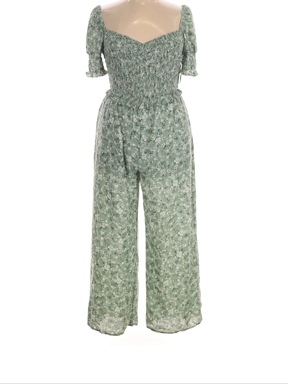 Smocked Floral Wide-Leg Jumpsuit in Sage Green
